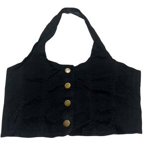 One Up Black Denim Halter Crop Top Womens Small Gold Button Y2K Festival 0378